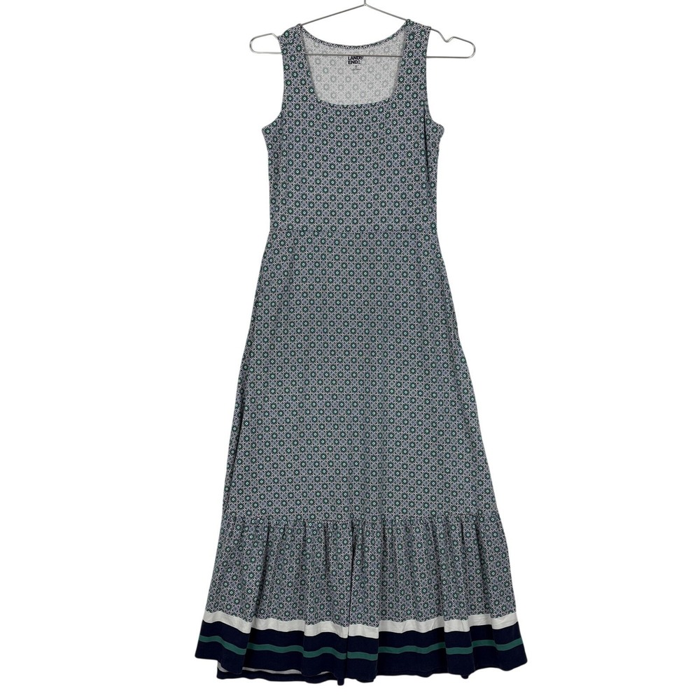 Lands' End Dress Womens XS Blue Green Floral Maxi Tank Pockets Ruffle Jersey